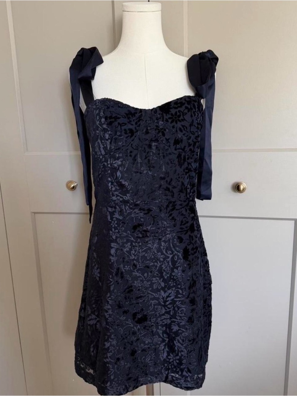 Navy Floral Burnout Tie-Shoulder Cocktail Dress
